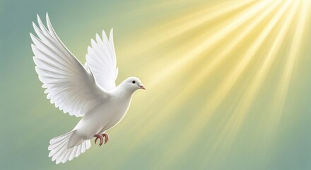 Dove flying in light rays, symbol of peace, hope, and freedom, religious and spiritual imagery, bird art background