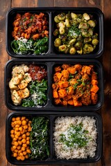 Colorful meal prep boxes showcase a variety of healthy dishes including roasted vegetables, grains, and legumes. Perfect for those seeking nutritious, convenient meals