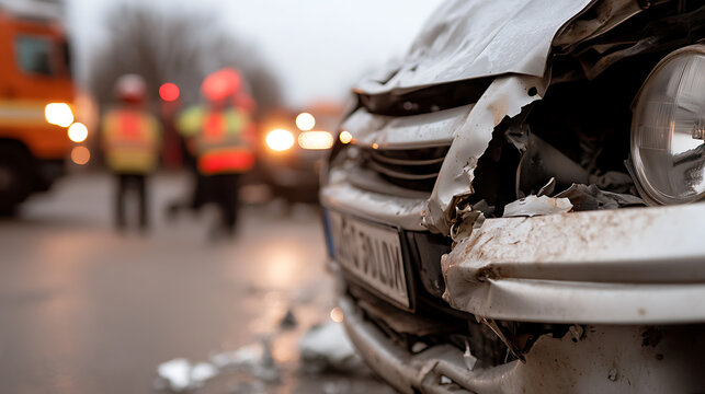 Damaged Car After Accident on Wet Road - A close-up shows a car's front, wrecked in an accident, with emergency responders in the blurred background.