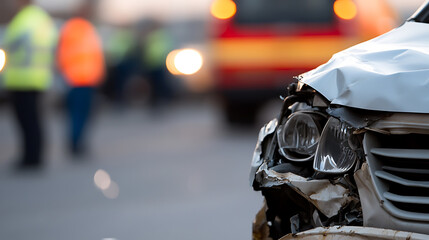 Obraz premium Damaged car after accident. Close up of broken headlight and hood. Emergency services at the scene, with blurred lights visible. Safety first!