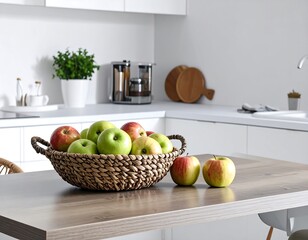 Apples in a wicker basket on a kitchen counter