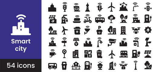 Smart city icon set for urban technology and a connected, sustainable future with IoT infrastructure. This solid glyph collection includes symbols for innovation, smart transport, and renewable energy