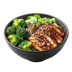 Delicious Chicken Soba Noodle Bowl with Broccoli and Sesame Garnish in a Modern Black Dish on transparent background