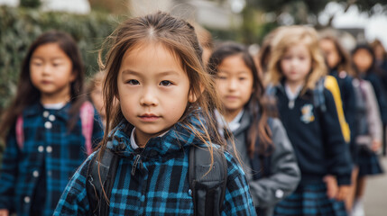 Fototapeta premium A group of diverse Asian elementary students in neat school uniforms and backpacks walk outdoors, with a girl in the foreground looking thoughtfully.