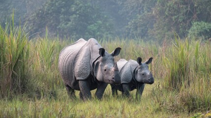 Fototapeta premium Vibrant Rhino Moment at Kaziranga National Park Witness the Magical Bond between a Mother and Baby Rhino, Ideal for Conservation Campaigns or Tranquil Projects.