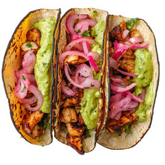 Delicious Chicken Tacos with Avocado Sauce and Pickled Onions in a Vibrant Presentation on transparent background