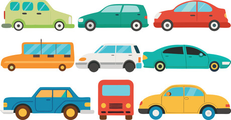 Fototapeta premium Diverse collection of colorful flat vector cars and vehicles for illustration projects