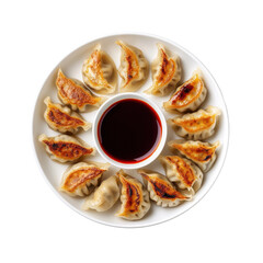 Delicious Plate of Pan-Fried Dumplings with Soy Sauce for Dipping, Perfect for Sharing at Any Meal on transparent background