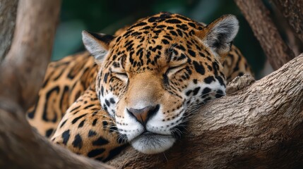 Majestic Sleeping Jaguar Resting on a Tree Branch Calmness and Tranquility, Ideal for Wildlife Campaigns or RelaxationFocused Projects.
