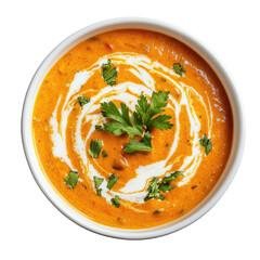 Creamy Tomato Curry Soup with Fresh Cilantro Garnish in a White Bowl on transparent background