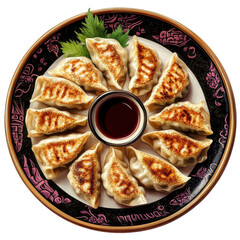 Deliciously Crispy Pan-Fried Dumplings Served with Soy Sauce in a Decorative Plate on transparent background