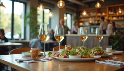 Business meeting lunch in cafe with food platters, drinks, salads, wine glasses. Colleagues over meal service in restaurant. Corporate team bonding, adult employees enjoy catering.