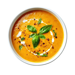 Creamy Tomato Basil Soup Garnished with Fresh Basil Leaves in a White Bowl on transparent background