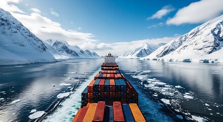 Cargo ship navigates icy waters past snow covered mountains container transport