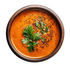 Rich and Spicy Tomato Curry Garnished with Fresh Herbs in a Rustic Bowl on transparent background