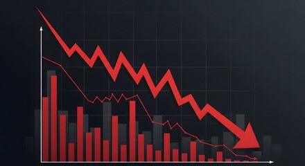 Concept of economic recession and financial crisis illustrated by a declining red bar chart and downward arrow on a dark background.