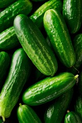 Numerous fresh green cucumbers are gathered closely together, showcasing their smooth skins and vibrant color. The image captures their freshness and healthy appeal