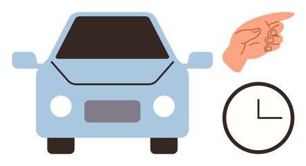 Blue car, hand pointing right, and clock suggesting time management, travel planning, punctuality. Ideal for transportation, automation, navigation, scheduling logistics efficiency mobility