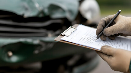 Documenting car damage: An individual fills out a form with a pen, documenting the visible damage to a vehicle in order to file an insurance claim.