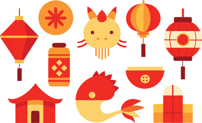 Chinese festival icons collection vector art lanterns dragons temple and symbols eps scalable