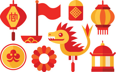 Chinese festival icons collection lanterns dragon festive elements vector illustration
