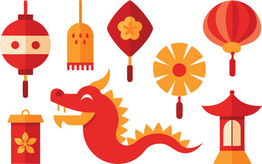 Chinese festival collection vector illustration red dragon lanterns ornaments scalable eps icon set