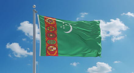 The Turkmenistan flag waving from a white flagpole. A cloudy blue sky in the background. 27 September Turkmenistan National Day.