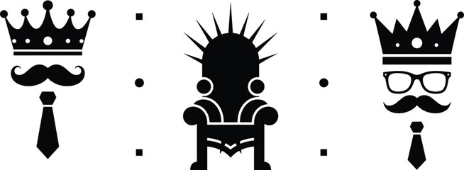 crown, king, queen, throne, royal, seat, authority, mustache, glasses, necktie, silhouette, vector, black, white, power, leadership, monarchy, symbol, design, emblem