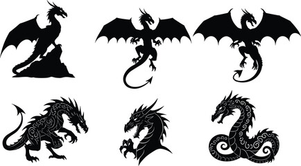 dragon, silhouette, wings, mythical, creature, fantasy, beast, serpent, flying, crouching, head, ornate, vector, black, white, legend, monster, design, art, illustration