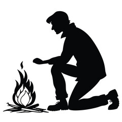 Man kneeling near campfire