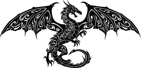 dragon, tribal, wings, flying, mythical, creature, fantasy, silhouette, vector, black, white, fierce, beast, legend, tattoo, design, art, pattern, symbol, illustration