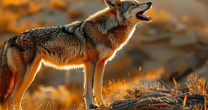 A wolf howls at the sky during sunset, standing on a rocky outcrop in a dry, arid landscape 4k video