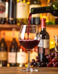 Red Wine Pouring into Glass with Bottles in Background.