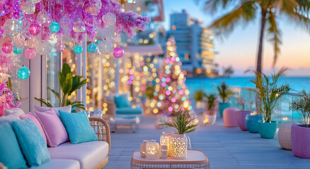 Fototapeta premium Christmas interior background with glowing lights