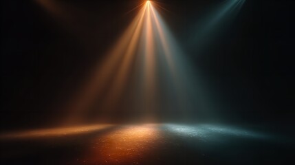 Golden and blue beams illuminate an empty stage ready for a mesmerizing performance with dark