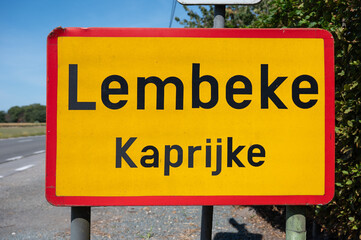 Obraz premium Road sign of the village of Lembeke, part of Kaprijke, East Flanders, Belgium