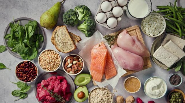 flat lay composition of various fresh protein diet products on grey background, top view. healthy eating, various fresh healthy products on grey table, top view. Healthy food clean eating selection