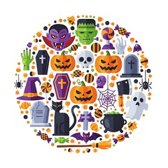 Fototapeta premium Halloween icons collage in circle on white background