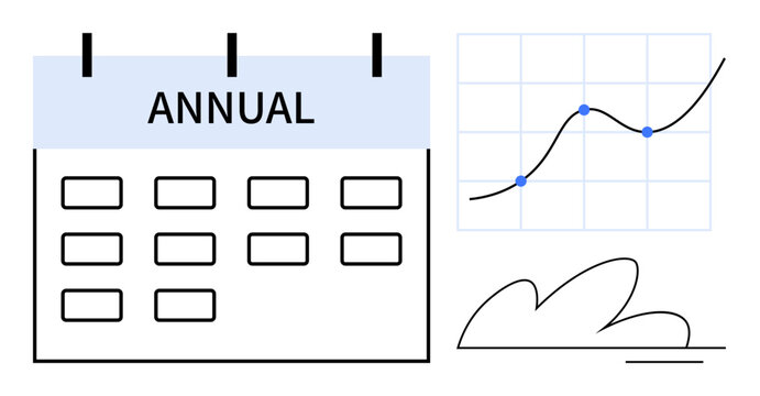 Annual wall calendar beside a growth line chart with highlighted points and abstract shape. Ideal for scheduling, progress tracking, business growth, timeline management, annual goals, planning