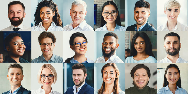A collage of men and women from different backgrounds engaged in a professional environment. They are smiling and portraying confidence, highlighting diversity in business. - Powered by Adobe
