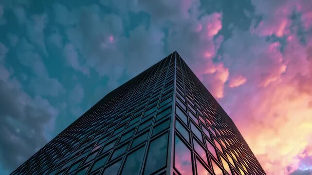 Witness the stunning view of a modern glass skyscraper reaching toward the vibrant evening sky. Sunlight reflects off the sleek building, highlighting dramatic clouds in shades of pink, blue, and oran