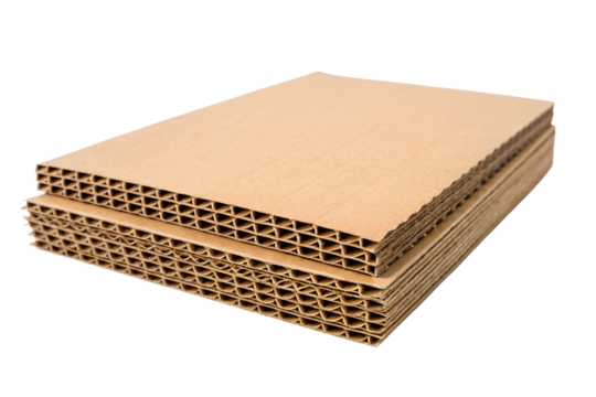 Stack of corrugated cardboard sheets with a honeycomb structure inside, showcasing eco-friendly packaging material for shipping and protection