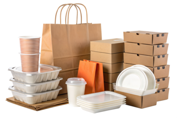 Eco-friendly food packaging assortment with kraft paper bags, takeout boxes, and biodegradable containers for restaurant delivery services