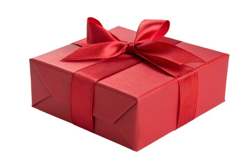 Obraz premium A beautifully wrapped red gift box with a luxurious satin ribbon and bow, isolated on a clean white background for any special occasion or celebration