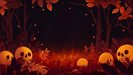 A spooky and mysterious forest scene filled with skulls and a dark, foreboding atmosphere