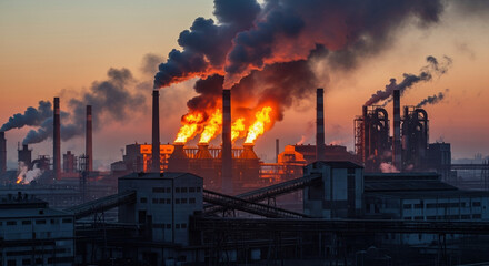Industry pollution features a factory spewing dark smoke and flames at sunset. Industry pollution from plant stacks harms climate as industry pollution contributes to air pollution.