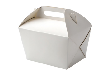 A clean white takeaway food box with a handle, perfect for packaging and delivery services, designed for easy carrying of meals and snacks