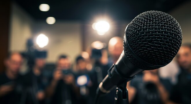 Close-up of a microphone with a blurred press conference setting in the background. for media, journalism, public speaking, announcements, and political or corporate events.