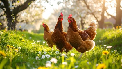 Three reddish-brown hens forage in sunlit grass under blooming trees in spring