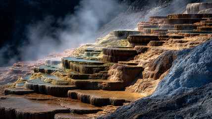 Geothermal field with layered pools and steaming vents.